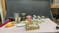 BOX OF ASSORTED DECOR - COLLECTION OF SEASHELLS, GLASS FISH, WOODEN DUCK, GLASS VASE, COFFEE TIN, TEA POT, ETC.