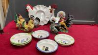 CHICKEN COLLECTIBLES - EGG PLATTERS, EGG PORCELAIN STATUES, AND MEASURING SPOONS SET