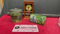 JOHN DEERE COLLECTIBLES - BATTERY OPERATED CLOCK, ICE BUCKET, LUNCH BOX, AND LICENCSE PLATE