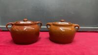 (2) BEAN POTS W/ LIDS - 1 IS SUNBURST, BOTH ARE 2 QUART