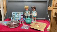 BOX W ASSORTED VINTAGE ITEMS - CHINA TEA SET, HODGE PODGE DOLLS, (2) STAND UP DOLLS, ASSORTED RECORDS, TEA POT, ETC.