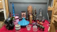 GIANT TOTE OF ASSORTED DECOR - FIGI WOODEN SIGN, PORCELAIN ELEPHANTS, TALL VASES, GLASS CUPS, VANCOUVER CANUCKS LAMP, ICE BUCKET, ETC.