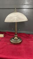 BRASS STAND W/ MARBLEIZED GLASS SHADE DESK LAMP
