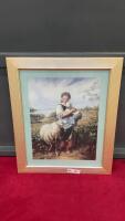 GOLD FRAMED PICTURE W/ SMALL GIRL + SHEEP & LAMB