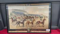 ANTIQUE PRINT OF JOCKEY RACERS W/ METAL FRAME