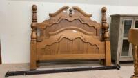 QUEEN SIZED BED FRAME - COMES W/ HEADBOARD, FOOTBOARD, AND ADJUSTABLE METAL RAILS