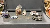 BOX W/POTTERY CANNISTER + SMALL PLATE, GRAVY BOAT, &ldquo;HORSE&rdquo; CANNISTER