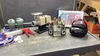 BOX W/ RIVAL MEAT GRINDER, JERKY GUN, SPICE BOTTLES + RACK (COMPLETE W/ ALL BOTTLES