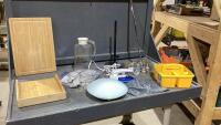 BOX W/CUTTING BOARD, LIGHT FIXTURE, BATHROOM FIXTURES, SMALL YELLOW CADDY