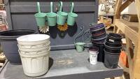 (2) ITEMS - PLANT POTS + BOX W/GARDEN DECOR + POTS