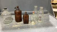 BOX W/VINTAGE MILK BOTTLES, RUM, BLEACH BOTTLES