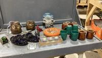 (2) BOXES - COFFEE MUGS, SMALL TRAY, WOLF FIGURINES, OWL WAX MELT, WALNUT NUT HOLDER + NUT CRACKERS