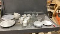 BOX OF ASSORTED DISHES, GLASSWARE, MUGS