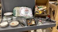 (2)BOXES - ASSORTED DISHES, PLACEMATS, KITCHEN UTENSILS