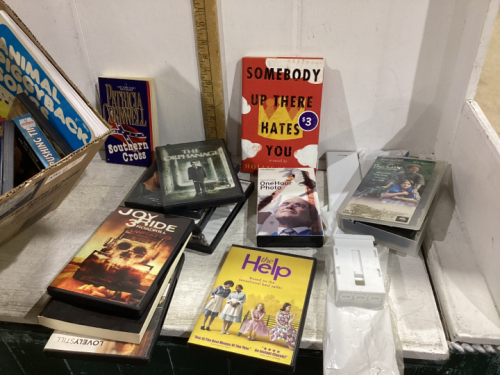 BOX W/DVD’S, BOOKS, VHS