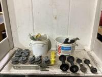 (2) PAILS W/ ELETRIC FENCE GATE HANDLES & WIRE TIGHTENERS
