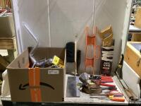 SHOP BOX W/ BRUSHES, BACK SAW, SAND PAPER, PILERS & MISCELLANEOUS