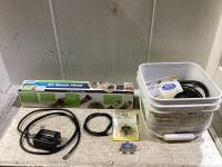 SHOP PAIL W/ RV SEWER HOSE, 30.5M CABLE, SATELLITE FINDER & MISCELLANEOUS