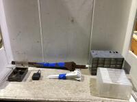 SHOP BOX W/ METAL SHELVING PARTS, PLASTIC BITS ORGANIZERS & MISCELLANEOUS