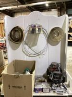 SHOP BOX OF MISCELLANEOUS W/ ROUTERS, WIRE CONNECTORS, RASSIN, SANDING SLEEVES, SCREWS, BAND SAW & RIVETS