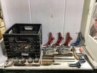 SHOP BOX W/ CORNER CLAMPS, CLAMPS, FILES, BRUSH & MISCELLANEOUS