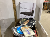 3 BOXES - DVD PLAYER , DVDS, CDS