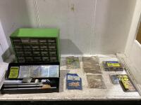 SHOP BOX W/ BIT ORGANIZER, GUN CLEANING POINTERS, ROUNDED PLUGS, THERMINAL KIT & MISCELLANEOUS