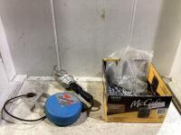 SHOP BOX OF SCREWS & WORK LIGHT EXTENSION REEL