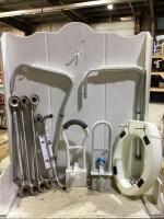 SHOP BOX W/ BAR HANDLES, BATH TUB RAILS & MISCELLANEOUS