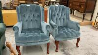 (2) BLUE BUTTON TUFTED WINGBACK CHAIRS
