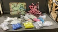 BOX W/ ASSORTED BEADS, GLASS CUTTING BOARD, HANGERS