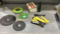 BOX W/GRINDING WHEELS, FLAP DISC, TWINE CUTTERS, FLASHLIGHT