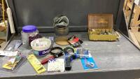 BOX OF ASSORTED SHOP SUPPLIES - FILTER WRENCH, SAFETY PADS, SCREWS, HOOKS, SPRINGS