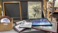 BOX + STACK OF PICTURES/FRAMES