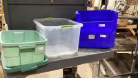 (2) BLUE BINS, CLEAR TOTE + GREEN TOTE W/LID