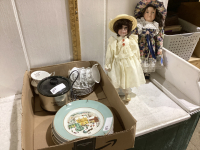 BOX W/CHRISTMAS PLATES, 25TH ANNIVERSARY CUPS, MINI CROCKPOT