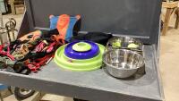 BOX W/PET FEED DISHES, TOYS, LEASHES