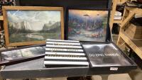 TOTE + STACK OF (5) FRAMED PICTURES, SAYINGS AND A TOTE OF FRAMES