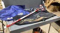 CURLING BAG W/ASHAM SIZE 9 SHOES, HARDLINE CURLING BROOM, + A NEW CURLING BAG