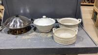 BOX W/WOK, CORNING WARE COVERED SERVING BOWL, (2) CERAMIC SERVING DISHES
