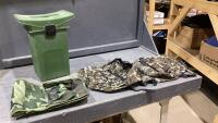 GREEN GARDEN STOOL/STORAGE BIN, CAMO SADDLE BAGS, TOOL HOLDER