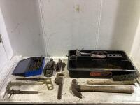 SHOP BOX W/ SCISSORS, HAMMER, WIRE BRUSH, FILES & MISCELLANEOUS