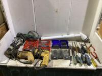 SHOP BOX W/ DRILLS, DRILL BITS, SCREWDRIVERS, PILERS & MISCELLANEOUS