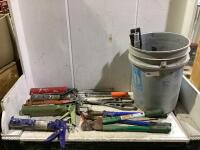 SHOP PAIL OF MIXED TOOLS W/ CHALK GUNS, STAPLER, CUTTERS & MISCELLANEOUS