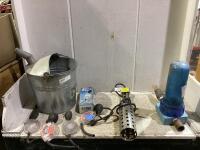 SHOP BUCKET W/ WATER HEATER, ANTI-FREEZE TESTERS & MISCELLANEOUS