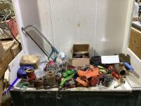 SHOP BOX W/ STRAPS, SAW, PIPES, CHAIN, BATTERY & MISCELLANEOUS