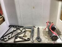 SHOP BOX OF MISCELLANEOUS BRACKET SUPPORTS & PUMP