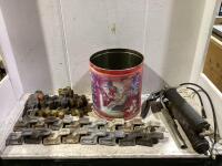 SHOP BOX W/ GREASE GUNS & MISCELLANEOUS PARTS