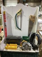 SHOP TOTE W/ TOOL BOX, HAND SAW, DEWALT CIRCULAR SAW, WATER CLEANING HOSE & MISCELLANEOUS