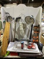 SHOP BOX OF MISCELLANEOUS W/ STEEL VENT COVER, SUNBEAN FAN, LAMP 60W, GARDEN FENCE, CARGO NET, WINDSHIELD COVER